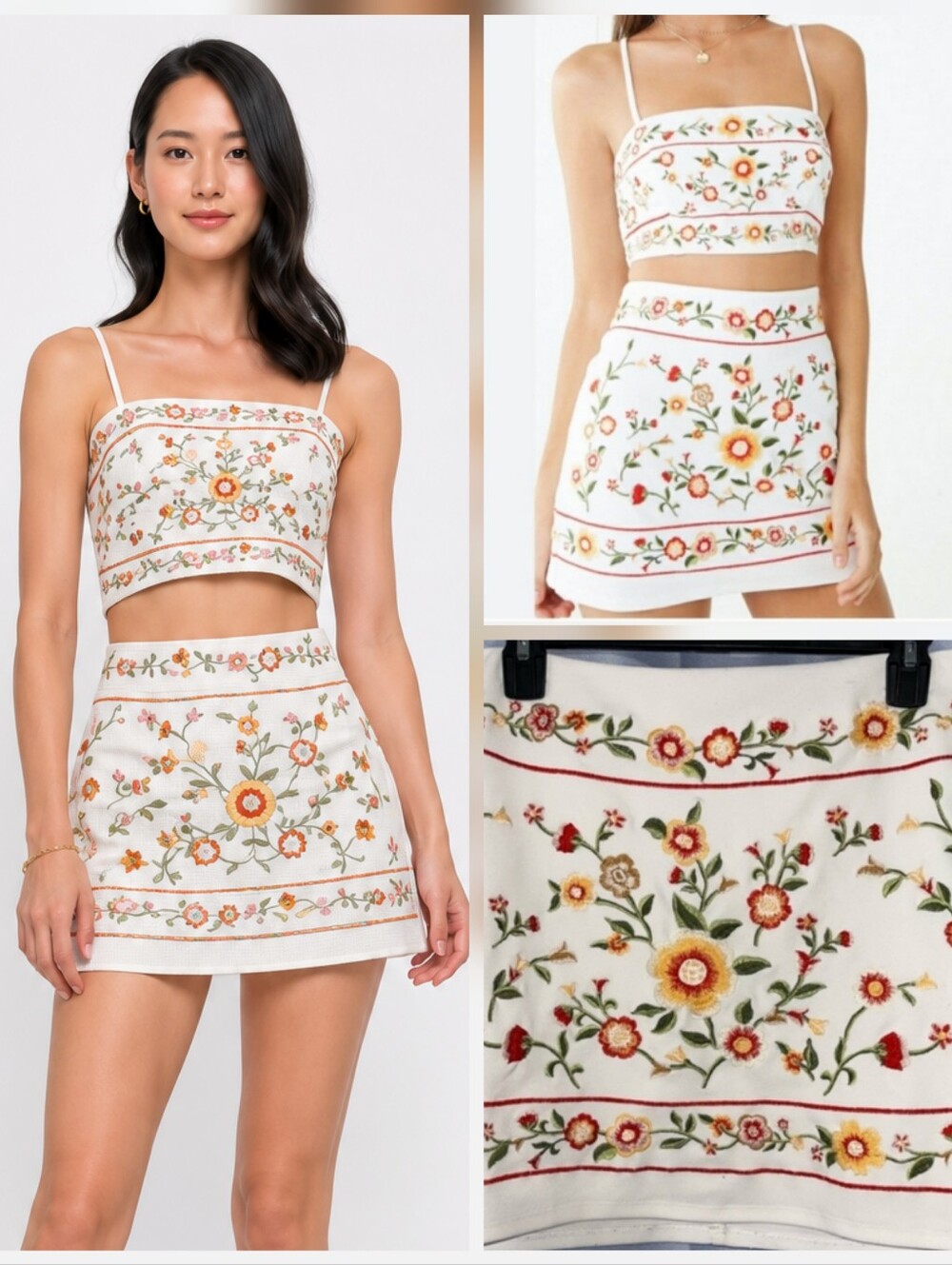 Forever 21 Embroidered Floral Two-Piece Crop Top & Mini Skirt Set
